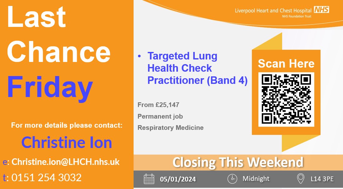 Today is the last day to apply for our Targeted Health Lung Check Practitioner post. If you are intrested apply now! Use the QR code or link below. 🫁 #LastChance #LHCH #HealthyLung   tinyurl.com/2bncz99a