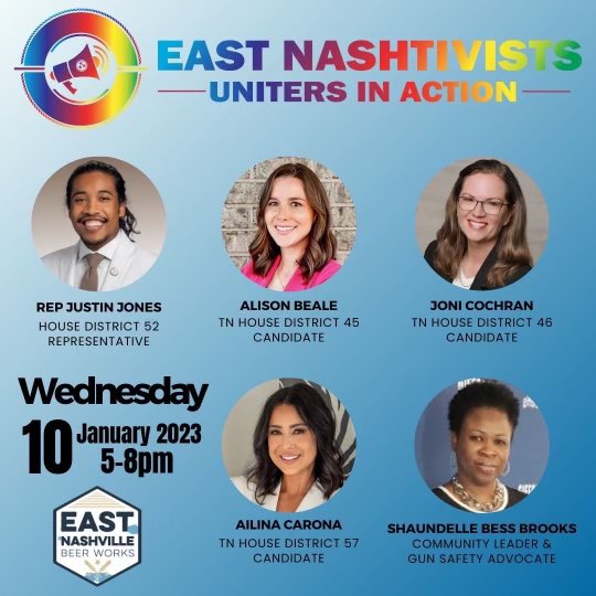 nashtivists's tweet photo. Join us at @eastnashbeer on Wednesday for our first mtg of 2024 featuring @brotherjones_ @AlisonBforTN @AilinaCarona @Natrixdreammom & @Joni4TN46. We can’t wait to hear from one of the #TennesseeThree and the amazing women who will be working hard to flip the state house! https://t.co/dfkoLDccQn