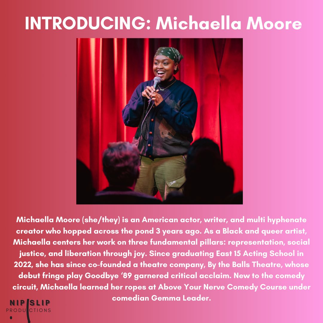 NipslipProd's tweet photo. LINEUP ANNOUNCEMENT: MICHAELLA MOORE ✨✨🎤 - hugely excited to announce the hilarious @Michaella_Moore for our upcoming comedy night! 
Link in bio - GET YOUR TICKETS BEFORE THEY SELL OUT 🤩🤩 https://t.co/Ym9x0muXcZ