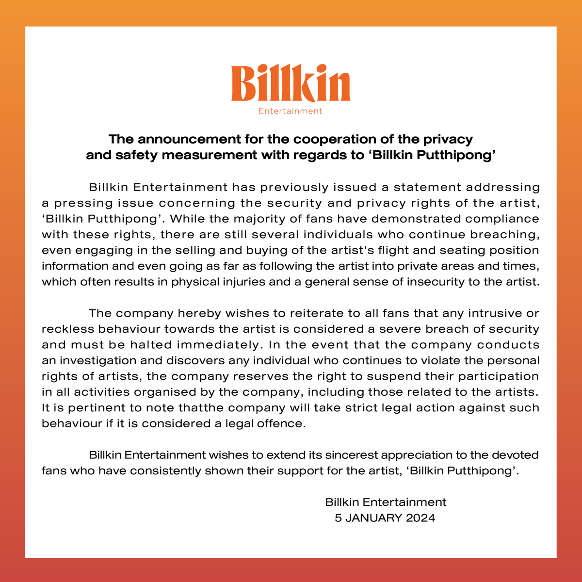 Billkin_Ent's tweet photo. ประกาศชี้แจงมาตรการด้านความเป็นส่วนตัว และความปลอดภัยของศิลปิน 'บิวกิ้น พุฒิพงศ์'

-
The Announcement for the cooperation of the privacy and safety measurement with regards to 'Billkin Putthipong'

-
“Billkin Putthipong”艺人隐私与安全措施以及请求合作的公布

#BillkinEntertainment
#Bbillkin