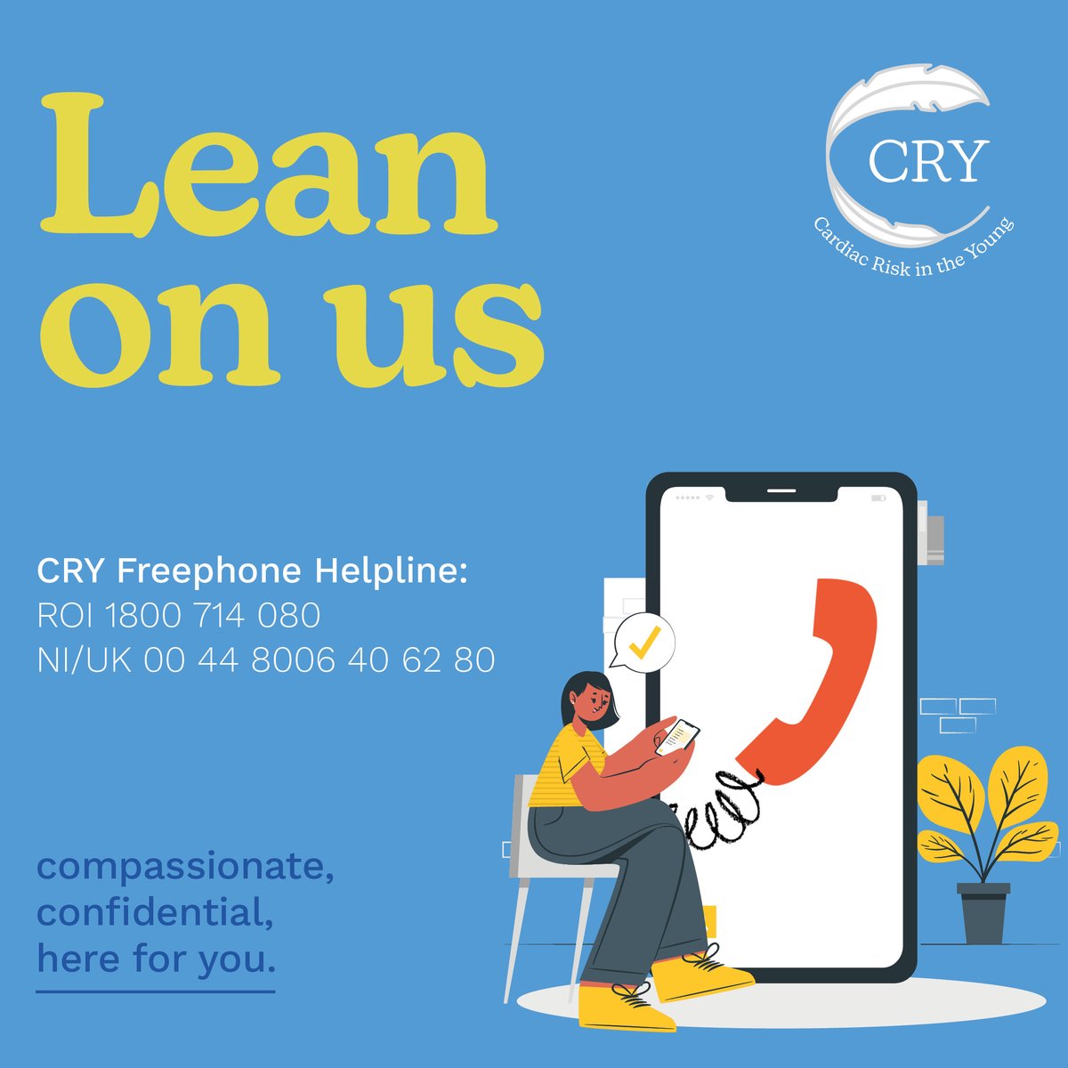 CRYIre's tweet photo. Staffed by trained volunteers, the confidential CRY Helpline offers support for those affected by Sudden Cardiac Death or living with an inherited cardiac condition.  
Please reach out if it could offer you or your loved ones support or comfort.      

#FreephoneReach out to us💙 https://t.co/admB0UJRzn