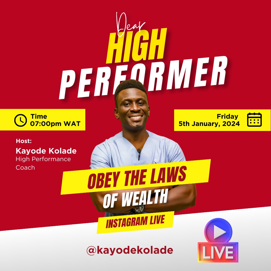 kayodekolade's tweet photo. Don't let the year happen to you.
You happen to the year.
Rule your world.
Reinvent yourself.
Live your rich life.
Join me on Instagram today by 7pm WAT as we discuss the laws of wealth.
#dearhighperformer #obeythelawsofwealth #highperformancelive https://t.co/Zk2dPZUZkc