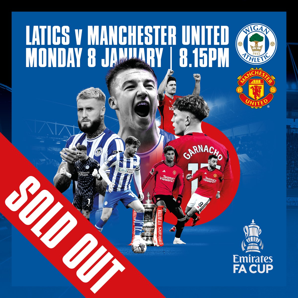 LaticsOfficial's tweet photo. 🏆 Our Emirates FA Cup Third Round tie against Manchester United is now 𝗦𝗢𝗟𝗗 𝗢𝗨𝗧!

Thank you for your incredible support! 💙

#wafc 🔵⚪️