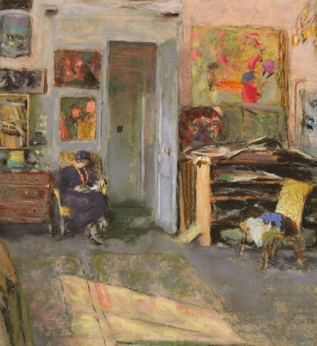 Edouard Vuillard's pastel is from 1915 when he was engaged in one of the most passionate affairs of his life with Lucie Belin. There's an absorbing intimacy in this picture, a characteristic that remained in Vuillard's interiors throughout his life.