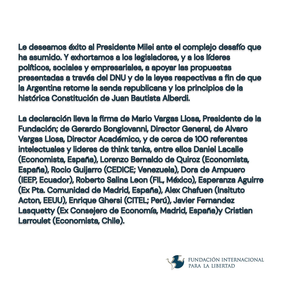 Declaración de la Fundación Internacional para la Libertad en apoyo a las reformas impulsadas por el presidente @JMilei en la Argentina