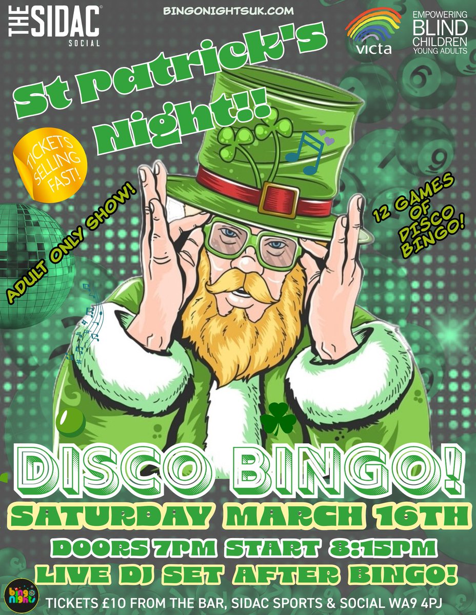 ☘️| Last few remaining tickets for our 𝐒𝐭 𝐏𝐚𝐭𝐫𝐢𝐜𝐤'𝐬 𝐍𝐢𝐠𝐡𝐭 𝐃𝐢𝐬𝐜𝐨 𝐁𝐢𝐧𝐠𝐨 at <a href="/sidacsports16/">The SIDAC</a>  in St Helens in aid of <a href="/VICTAUK/">VICTA UK</a> 🇮🇪🍺🍻🍷