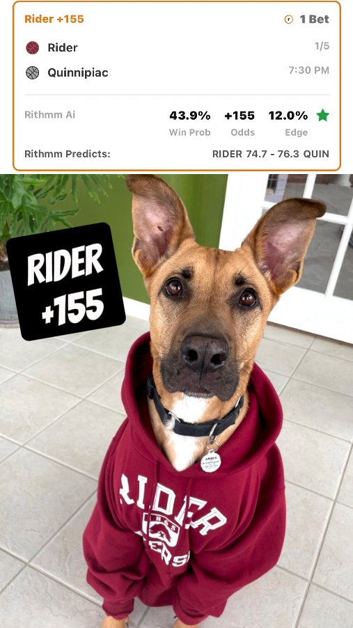 rithmm_ai's tweet photo. Dawg of the Day 1/5:
Rider +155 (vs QUIN) #dog #dogs #underdog #betting #picks #winners #collegebasketball #ncaab #collegehoops #CBB #cbbbets #collegehoops #rider #broncs #riderbroncs #maac #rideru https://t.co/291HUxab9G