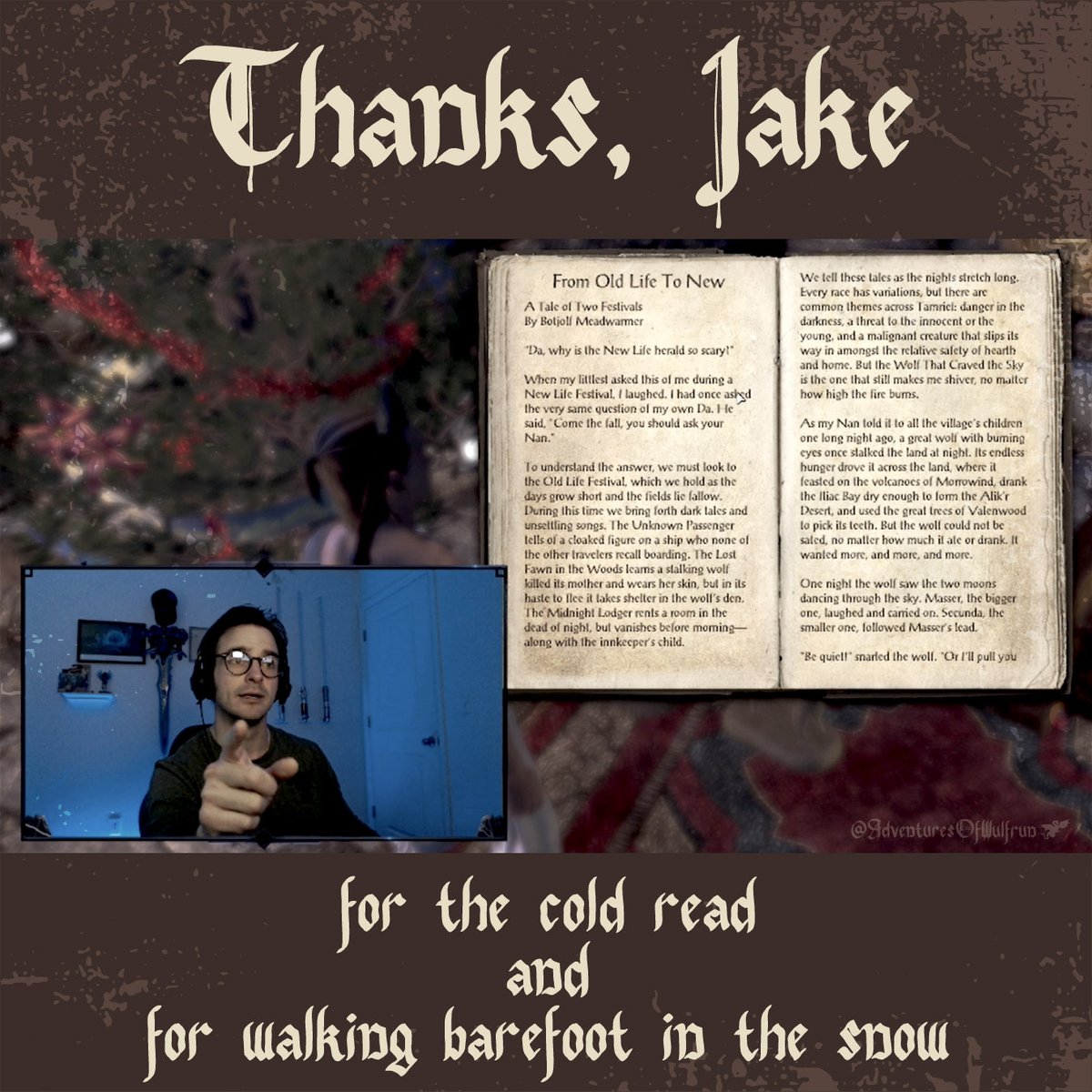 SueOestmann's tweet photo. Thank you, @jakestormoen, for always sharing your time with fans.๐บ
#HolidayInn #MistveilManor #AdventuresOfWulfrun #FollowYourBliss #BeSmart #BeKind #BeSafe #ESO
#JakeStormoen #ESOVoiceActor
https://t.co/CZ0DzT1I1l
#JakesChoice- Tuesdays- noon pt
#ESOstreams-Thursdays- noon pt https://t.co/bGYH0aegbq