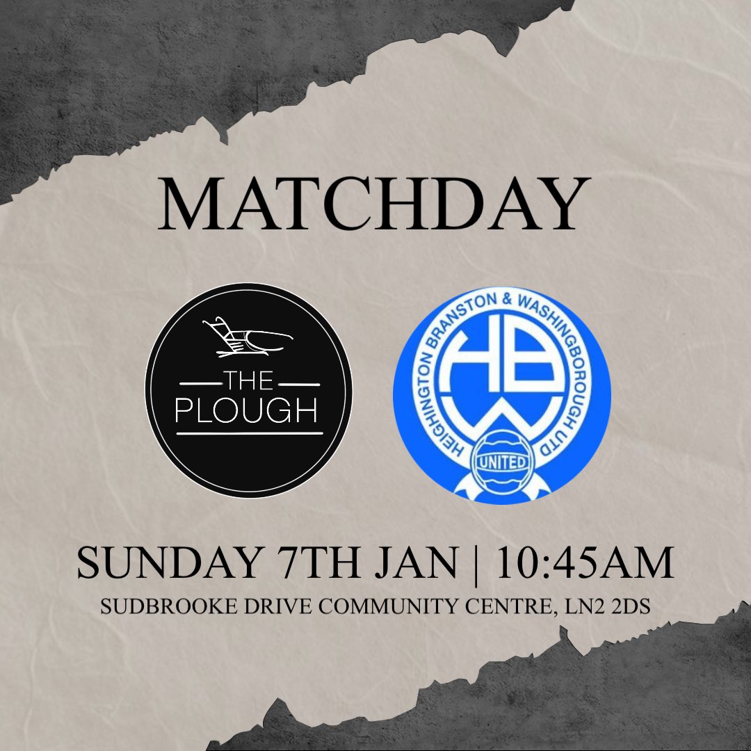 🚨 MATCHDAY ALERT 🚨

Return to action this weekend with the first game of 2024. A home fixture against <a href="/HBWUnitedRes/">HBW United Reserves</a> - come along and support the boys. Up The Plough 🩶🖤

🆚 <a href="/HBWUnitedRes/">HBW United Reserves</a> 
⏰ Sunday 7th Jan 10:45 KO
📍 Sudbrooke Drive Community Centre, Lincoln, LN2 2DS