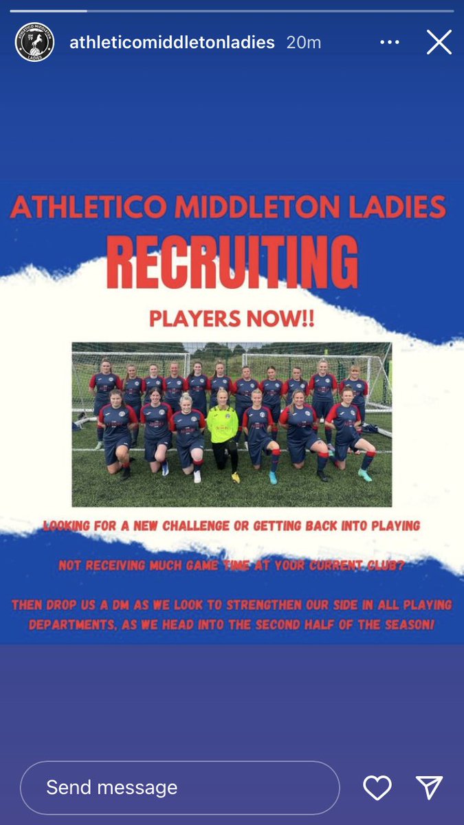 Am19Ladies's tweet photo. Looking for a new challenge or want to try a new team ❗️❗️all is welcome

Training Thursday 7:30pm -8:30pm
Sunday matches 2pm kick off 
@wantladyballers @WoSoRecruitment @BOLTONFMSPORT @HerGameToo @GMWFL2011 https://t.co/k5U2cmVvf5