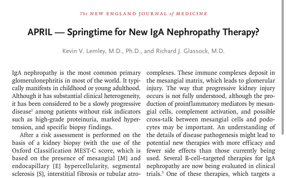 🔥Springtime for IgA Nephropathy with APRIL

🌼APRIL inhibition in IgAN 

✅Sibeprenlimab-Monoclonal antibody against APRIL (A proliferation ligand)

✅Phase 2 trial in IgAN highly impressive- Significant reduction in proteinuria with sibeprenlimab

@NEJM