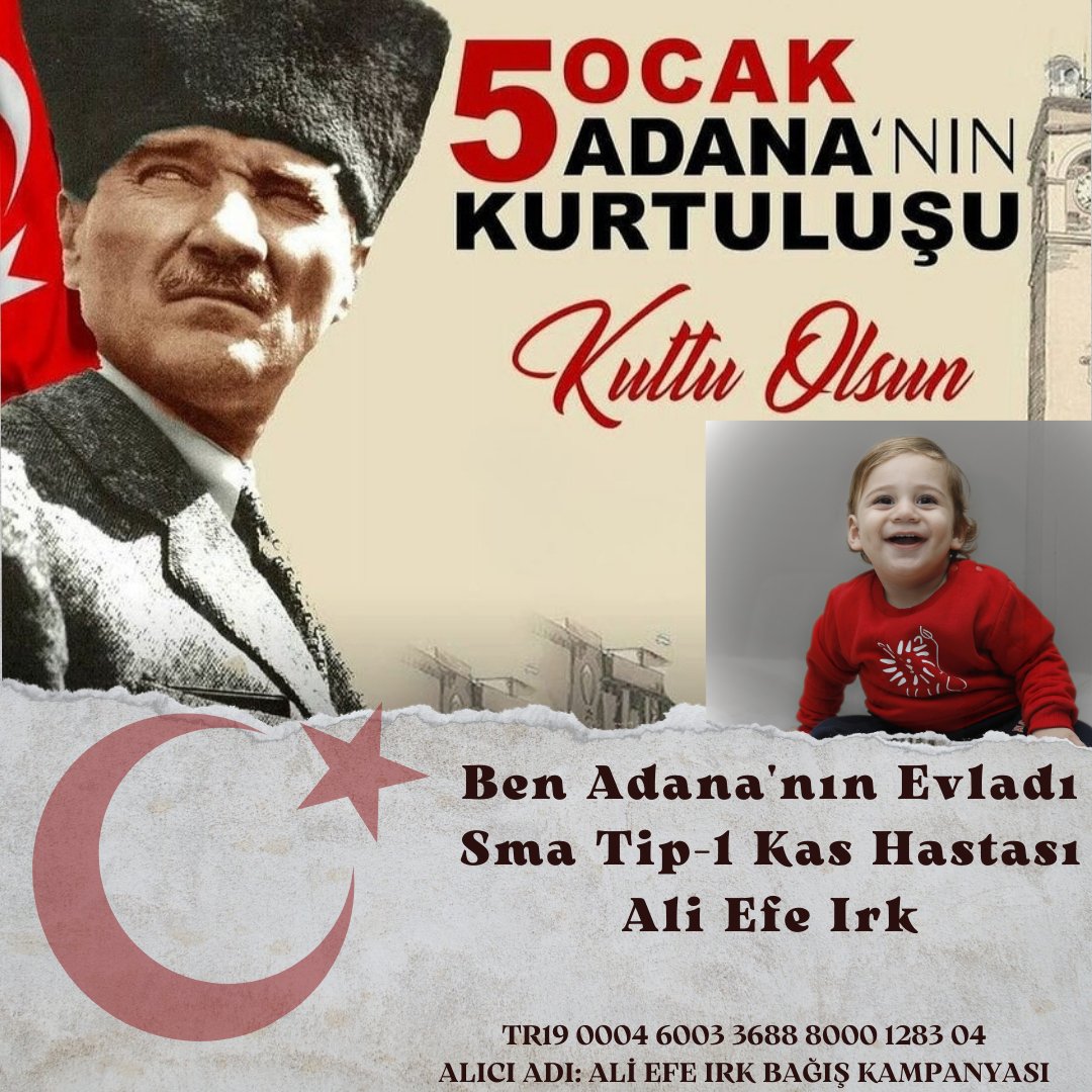 #Adana'nın Kurtuluşu Kutlu Olsun🇹🇷
#5Ocak 
Beni Görmezden Gelmeyin🥺
TR19 0004 6003 3688 8000 1283 04‌ 
ALICI ADI: ALİ EFE IRK BAĞIŞ KAMPANYASI
7258'e Ali Efe yazarak 20 TL karşılığında tüm operatörlerden destek olabilirsiniz❤️