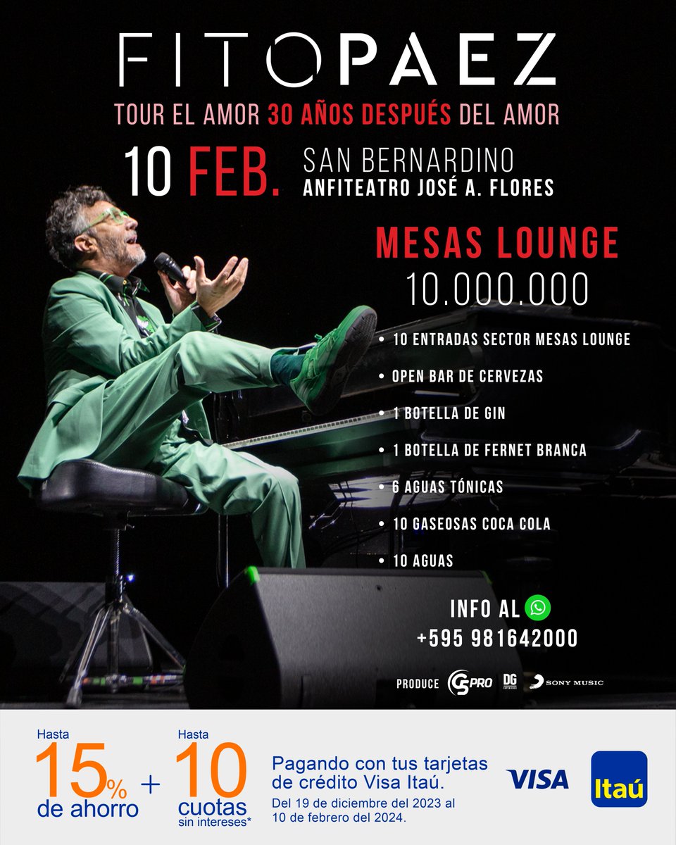🏟️Anfiteatro José A. Flores
👉🏼 Entradas en Puntos <a href="/ticketeapy/">Ticketea Paraguay</a> y vía web bit.ly/FitoPaezEnPY
✔️Vía web Itaú Visa 10% Dto + 10 Cuotas sin intereses

#EADDA #FitoPaezPy
