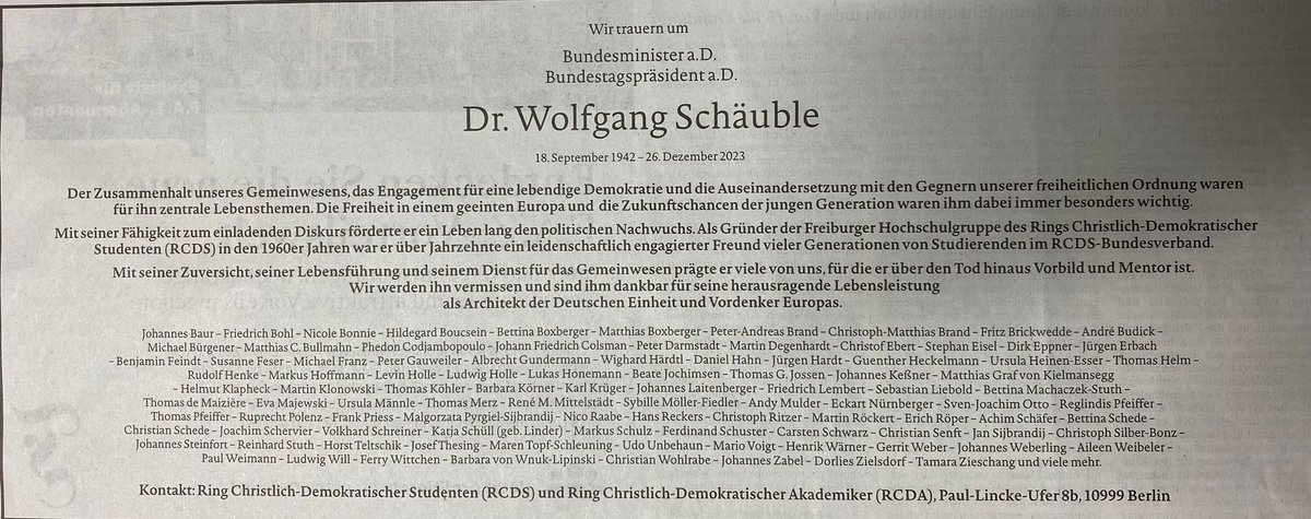 MartinRoeckert's tweet photo. Zum heutigen Abschied eines ganz großen Politikers und Christdemokraten hat der @rcds_bund und der #RCDA eine Anzeige in der @faznet geschaltet. 

Danke, Wolfgang #Schäuble 🕯️ https://t.co/7HyluwlEvX