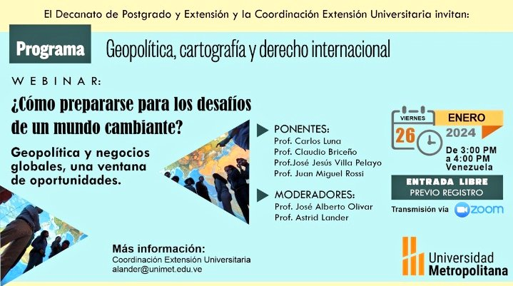 DiplosExtUnimet's tweet photo. En la Coordinación de Extensión Universitaria del Decanato de Postgrado y Extensión UNIMET iniciamos el año 2024 con el Webinar: ¿Cómo prepararse para los desafíos de un mundo cambiante?
ENTRADA LIBRE. Previo registro.
Escribir a: alander@unimet.edu.ve https://t.co/u5YkzHfDXx
