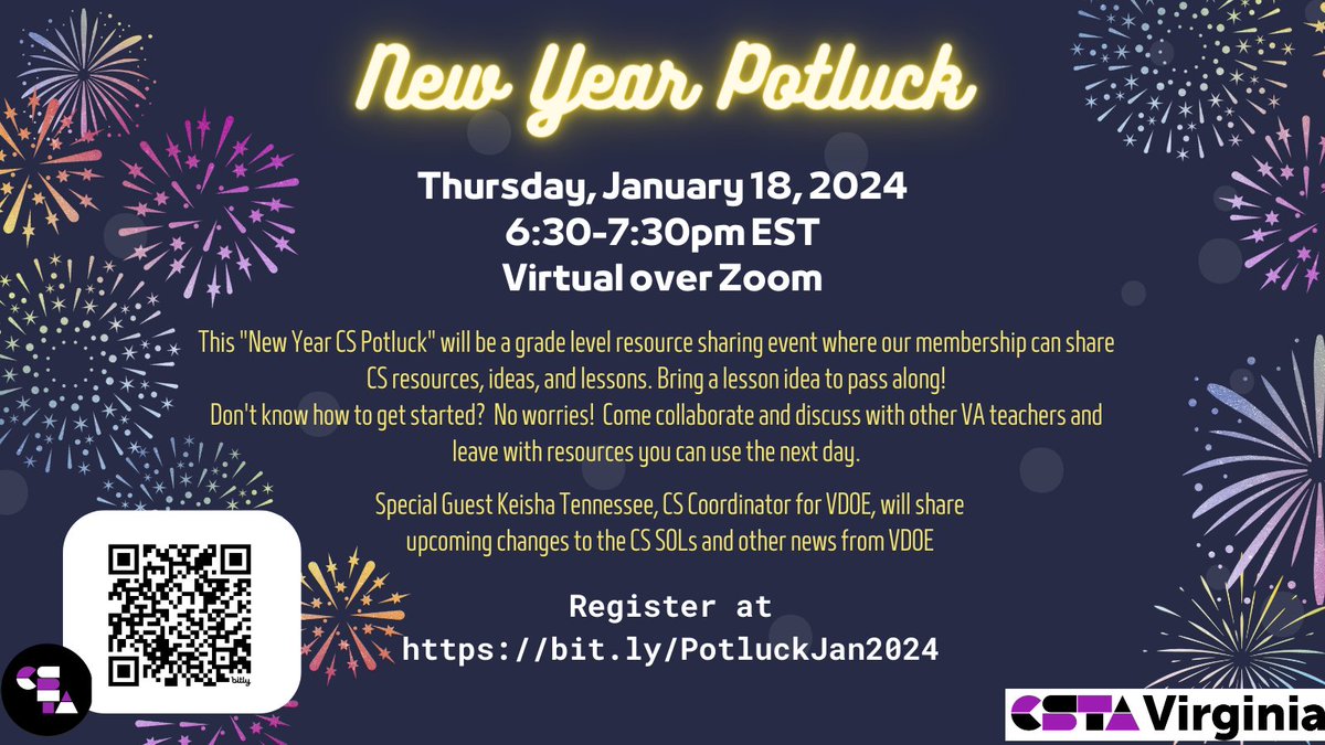 A New Year resource sharing event!
Join CSTA VA virtually Thursday, January 18th at 6:30pm for our 1st meeting of 2024!  Collaborate, discuss with other VA teachers and walk away with CS resources you can use the next day. 
Connect, Grow, &amp; Share with CS Teachers