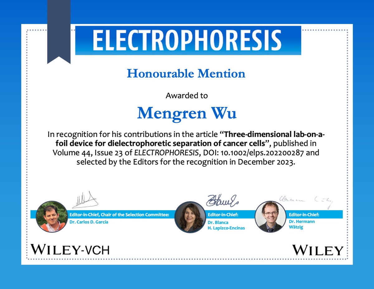 A second mention for 12/2023 goes to Mengren Wu, for the article "Three-dimensional lab-on-a-foil device for dielectrophoretic separation of cancer cells" - read it at doi.org/10.1002/elps.2…