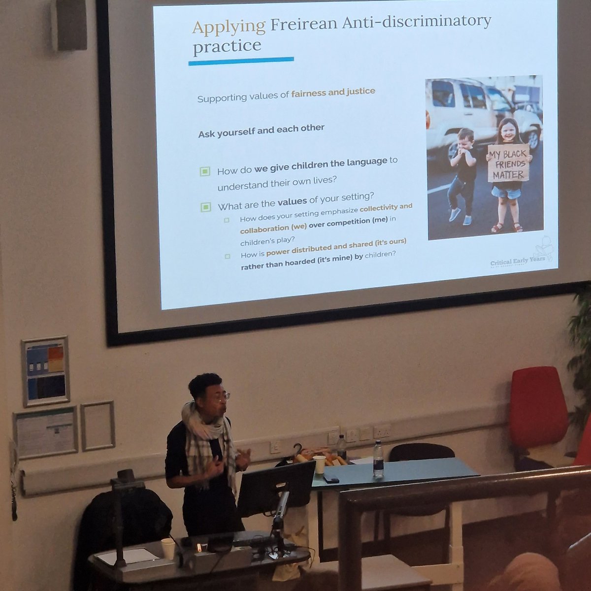LevoguerMicky's tweet photo. @CriticalEYears asking what values underpin early years settings.  Are we collaborative, democratic, collective anti discriminatory? #NewhamEY24 https://t.co/bdvRIIOyA8