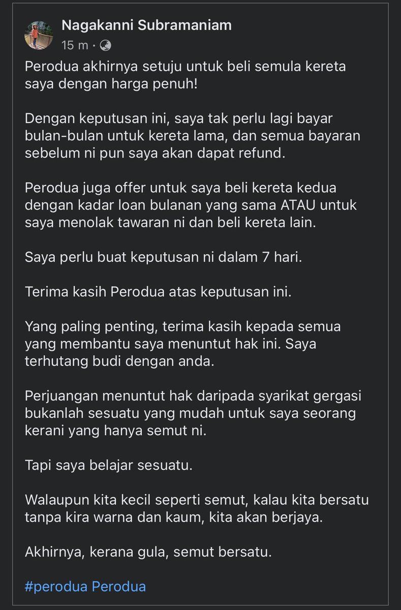 La_FarEast's tweet photo. Kisah perodua dan gula. Selesai. 

Kpd saudari, sy ucapkan syabas!

Penggunaan bahasa kebangsaan yang amat baik.

Kan bagus semua rakyat Malaysia dpt tulis mcm ni.👍👍 https://t.co/BQCATprslO