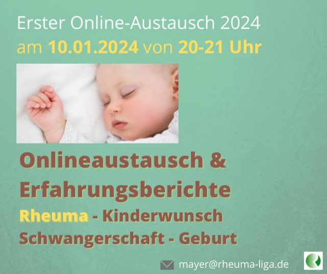 Deutsche Rheuma-Liga (@dtrheumaliga) on Twitter photo Der nächste Online-Austausch zum Thema “#Rheuma und #Kinderwunsch, Erfahrungsberichte über #Schwangerschaft und #Geburt” findet am 10.01.2024 um 20 Uhr statt. Jetzt anmelden: mayer@rheuma-liga.de #rheumaliga Der nächste Online-Austausch zum Thema “#Rheuma und #Kinderwunsch, Erfahrungsberichte über #Schwangerschaft und #Geburt” findet am 10.01.2024 um 20 Uhr statt. Jetzt anmelden: mayer@rheuma-liga.de #rheumaliga