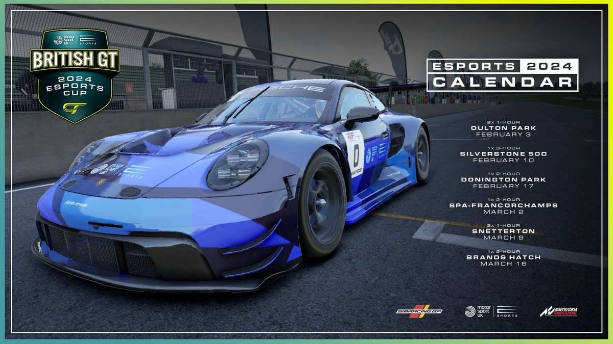 SimracingGP's tweet photo. We are excited to announce we'll be hosting the official British GT Esports Cup 2024 on Assetto Corsa Competizione!π
#MotorsportUK #BritishGT #SimracingGP #SimRacing #Esports #AssettoCorsaCompetizione @BritishGT @ourmotorsportuk @AC_assettocorsa https://t.co/6qp58ElGid