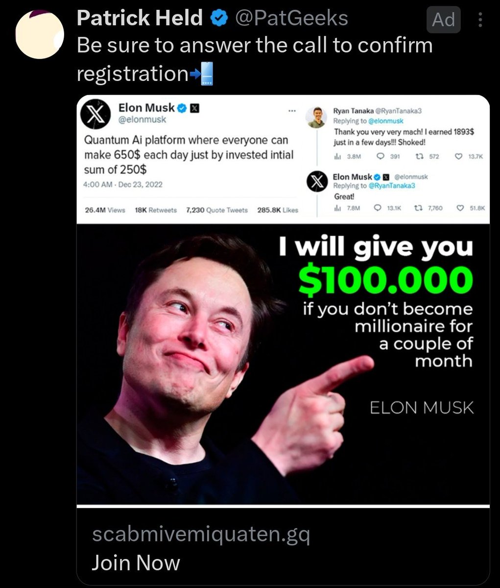 Getting the fake Elon tweets promising me money as official ads now. Starting to think the idea that forcing scammers to pay a small amount to get more visibility would kill bots and scams is wrong, and might even have the opposite effect