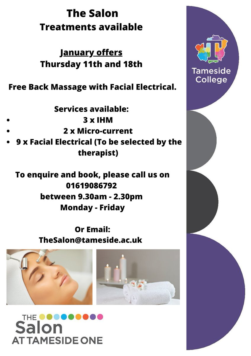 TheSalonAtT1's tweet photo. The Salon at Tameside One has the following treatments available. To enquire and book, please call us on 0161 908 6792 or email TheSalon@tameside.ac.uk between hours of 9.30am - 2.30pm Monday to Friday
#TheSalonAtT1 #ICanBe https://t.co/YQEXpa527Z