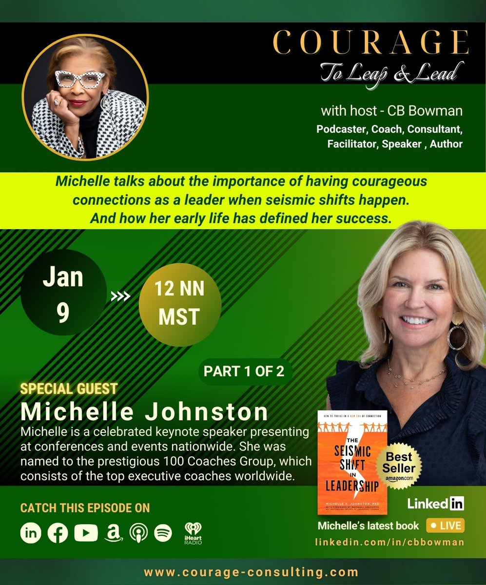 MeecoConference's tweet photo. 𝐍𝐞𝐱𝐭 𝐓𝐔𝐄𝐒𝐃𝐀𝐘 𝐨𝐧 𝐂𝐨𝐮𝐫𝐚𝐠𝐞 𝐭𝐨 𝐋𝐞𝐚𝐩 &amp; 𝐋𝐞𝐚𝐝! Tune in for my spectacular interview with Michelle Johnston. About Michelle: https://t.co/DTXH25yE7N
#CBBowmanLive #courage #courageleadership #cbbowman #courageous #courageconsultant #blackhistory #leadership https://t.co/6D8k2idurE