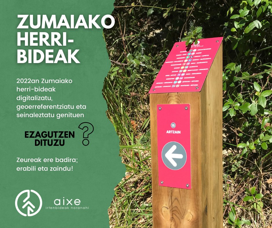 aixegune's tweet photo. 2022an Zumaiako herri-bideak digitalizatu, geoerreferentziatu eta seinaleztatu genituen.
Ezagutzen dituzu? Zeureak ere badira; erabili eta zaindu!

#zumaia #zumaiakoudala #zumaiaturismo #herribide #ondare #caminopublico #georreferencia #patrimonio https://t.co/ByewPZ04AD