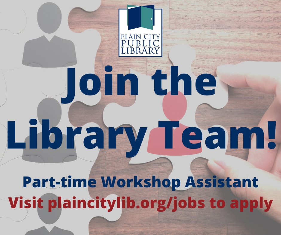 The Plain City Public Library is looking for a creative, energetic, and customer service-oriented individual to join our Public Services team as a part-time Workshop Assistant in the library’s makerspace! If you're interested, visit plaincitylib.org/jobs for more info.