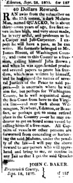 FromSlaves's tweet photo. They called me QUACKO, but my real name might have been KWEKU, from the Akan of Ghana. I ran from John Baker in September 1809, from his plantation in Smithville NC; he had seized me in January 1809 as a runaway, then kept me in slavery. He was still looking in January 1810. https://t.co/F1dBuUQBsU