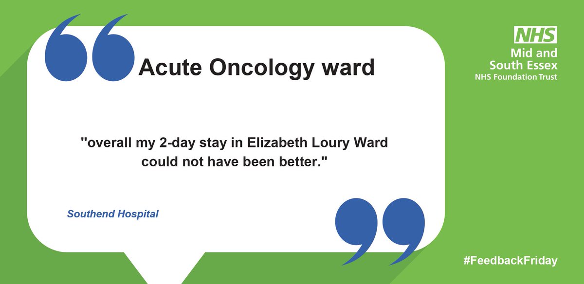 This weeks #FeedbackFriday comes from Tiptree Ward at Southend Hospital. @MSEHospitals @dawnmpatience 'Excellent service - the staff were very attentive and friendly. The facility was excellent and overall my 2-day stay in Elizabeth Loury Ward could not have been better.'