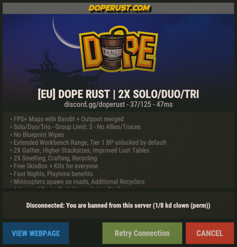 DefianceLlama's tweet image. So me and my friends wanted a chilled wipe so we joined here, after a day we realised that a very active pvp player was also a discord and in game mod! I asked the question in discord to the be greeted with rude admins and the banned from discord and the game! #Rust #adminabuse