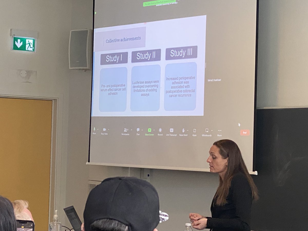 Xlnt presentation by Stine Bull Jessen today at Roskilde University Center defending her thesis with the title “Colorectal Cancer Surgery Impact on Cancer Cell adhesion”. Amazing resultat to be published soon on serum driven in vitro model predicting colorectal cancer recurrence