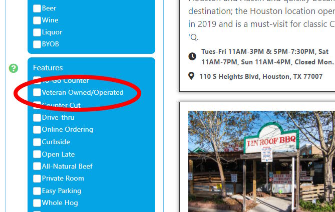 BBQGuides's tweet photo. NEW FEATURE ALERT! You can now filter by those HOUBBQ joints that are veteran owned/operated. A great way to support local business and military veterans. Here are  8 awesome veteran owned/operated joints you can check out! #houbbq @patrick84_03 https://t.co/30oAMVim7O https://t.co/Z6V2OH6LXI