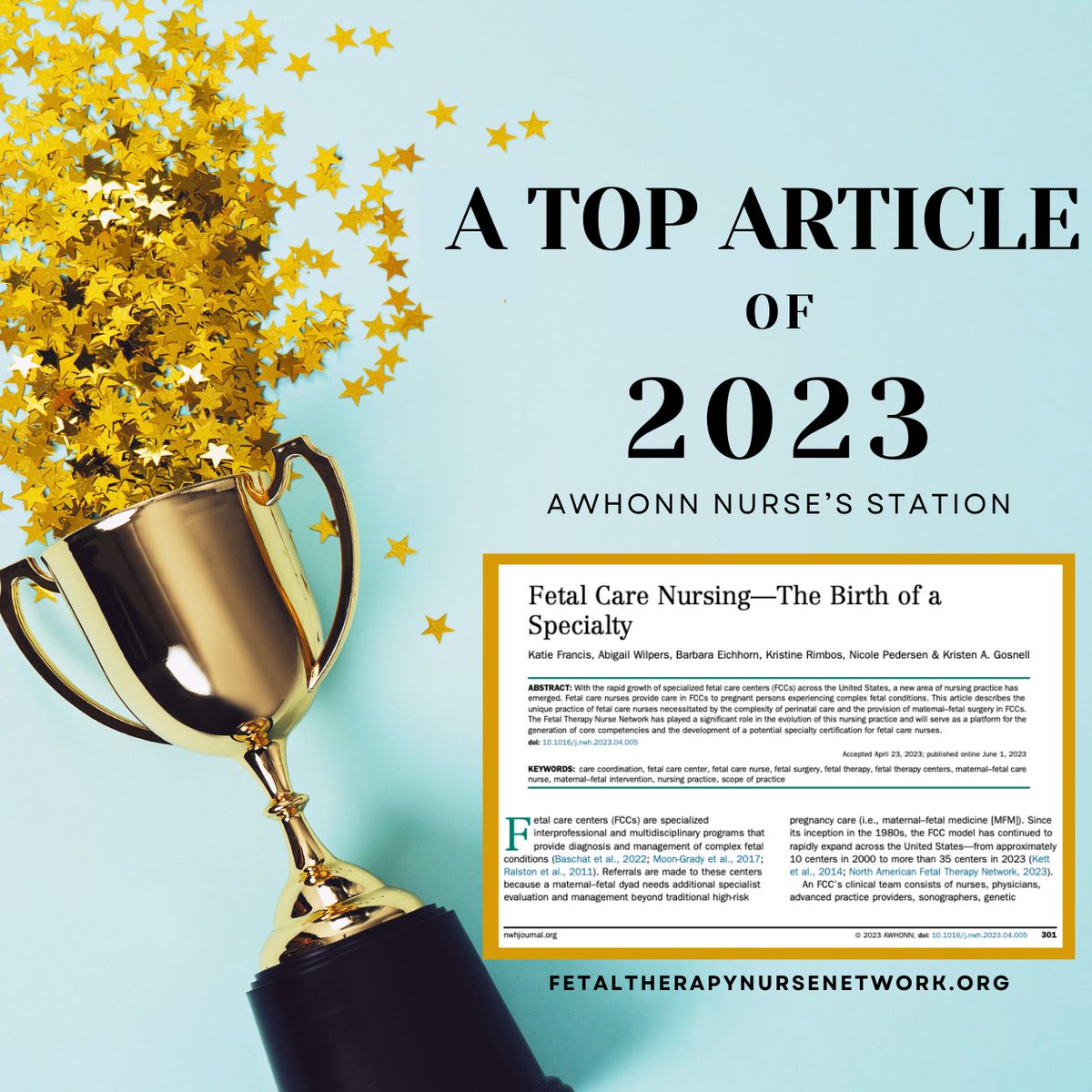 Thrilled to announce that @KatieMFrancis77 and @NurseFetal have been featured in the AWHONN Nurse's Station Top Articles of 2023! 🎉 

Thank you @AWHONN for this recognition of our growing nursing specialty! 👏👏
 #FetalTherapy #Nursing #WomensHealth