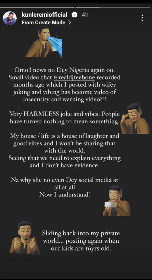 TheTWAAPR's tweet photo. Kunle Remi reaction after his wife was said to be insecure following a video that trended online; thing is in the video his wife said “Listen, locked him in, he is all mine, I pray God send yours”.

Olosho | Gbemi | because of 8k https://t.co/cksovw7CEv