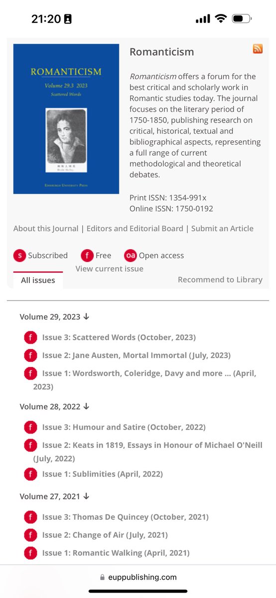 Edinburgh University Press is including the journal ‘Romanticism’ (where I’m an associate editor) in its free access campaign for Jan 2024. The campaign makes all content back to 1995 available for free, for everyone. See euppublishing.com/loi/rom?expand… and euppublishing.com/literarystudies