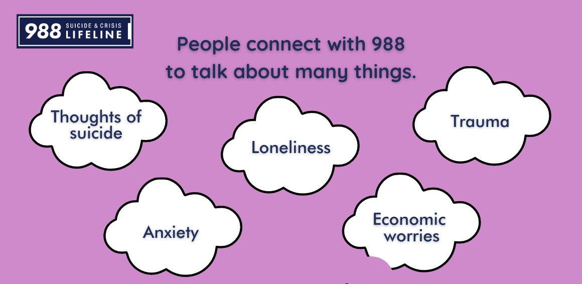 Connect with 988 to talk about:

🫶 Thoughts of #suicide
🫶 Drinking too much
🫶 #Anxiety
🫶 Sexual identity
🫶 Drug use
🫶 Economic worries, and more
Reach out when you need to. Call or text 988. #988Lifeline