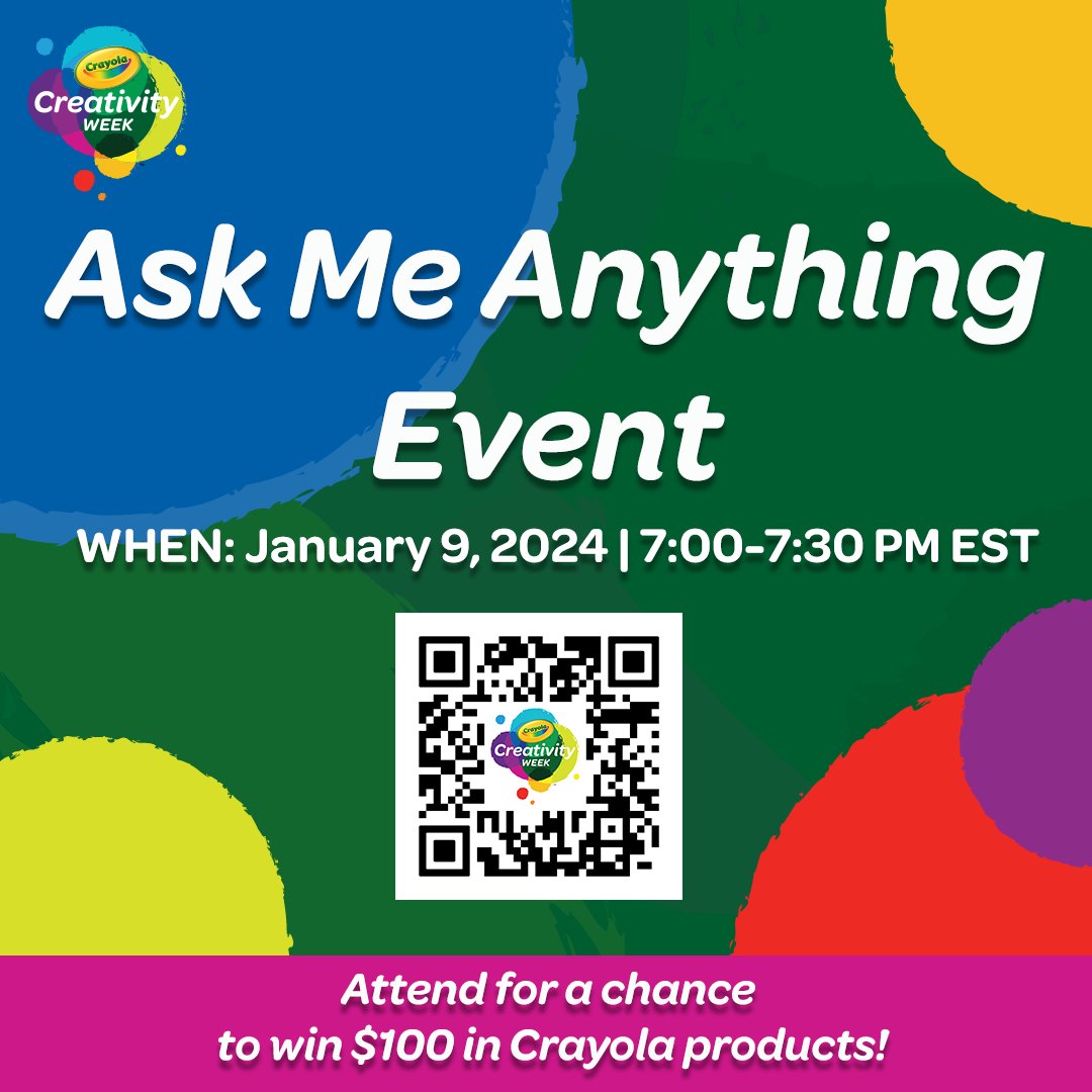 Want to #win $100 in  product? Have last-minute questions about the upcoming #CrayolaCreativityWeek🤔? 

Make sure to sign up for our Ask Me Anything (#AMA) Event on Jan. 9th at 7PM EST🗓️🥳!

🌟One attendee will #win BIG, so register to attend NOW: bit.ly/3uSmlI8🌟
