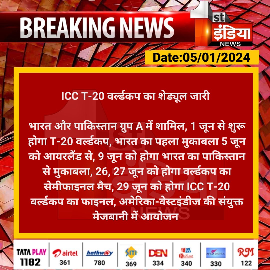 ICC T-20 वर्ल्डकप का शेड्यूल जारी 

भारत और पाकिस्तान ग्रुप A में शामिल, 1 जून से शुरू होगा T-20 वर्ल्डकप, भारत का पहला मुकाबला 5 जून को आयरलैंड से...

#FirstIndiaNews #ICCWorldCup #ICCT20