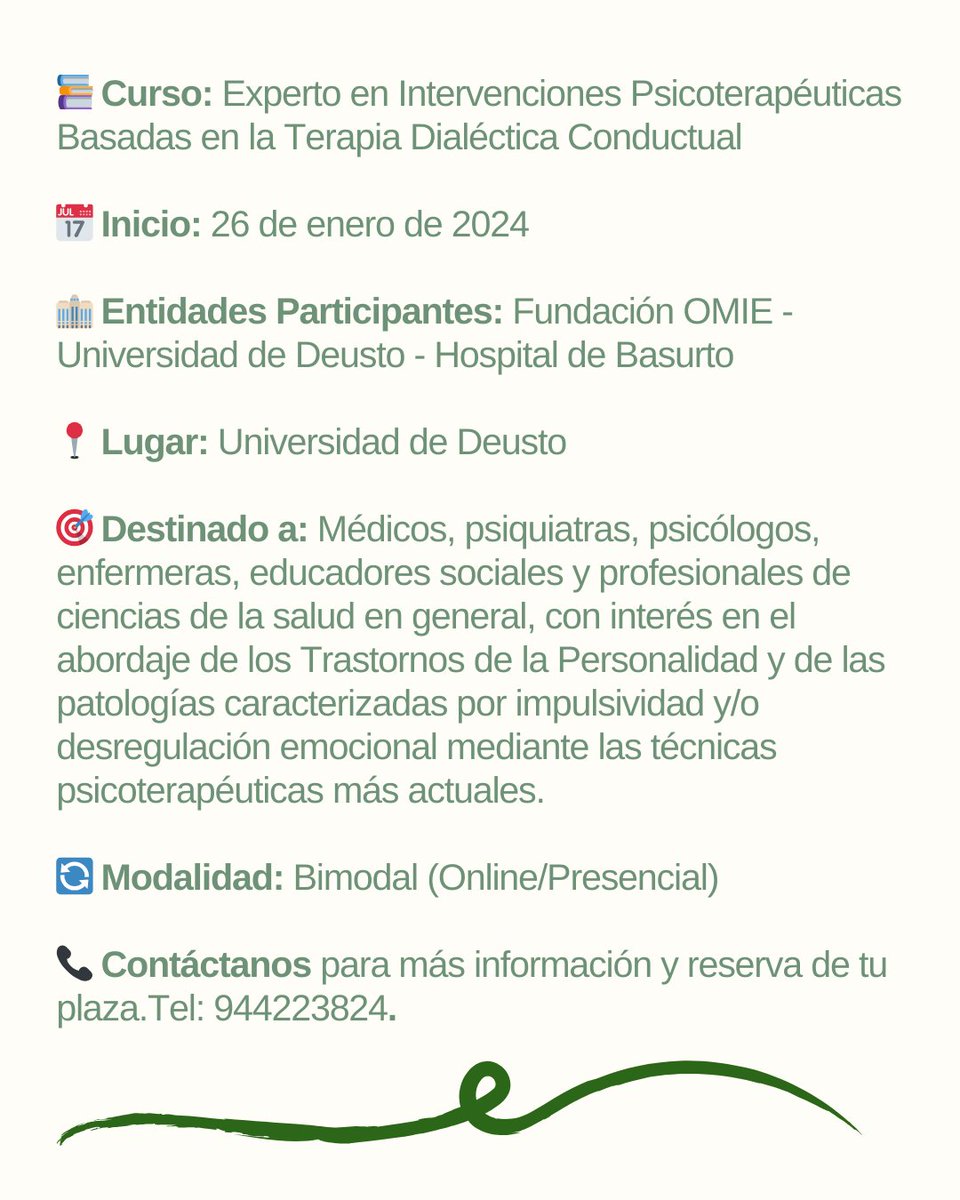 FundacionOmie's tweet photo. 🎓 Únete a nuestro curso Experto en Intervenciones Psicoterapéuticas Basadas en la Terapia Dialéctica Conductual organizado por la Universidad de Deusto, el Servicio de Psiquiatría del Hospital Universitario de Basurto y OMIE. https://t.co/B1KY5HwE75