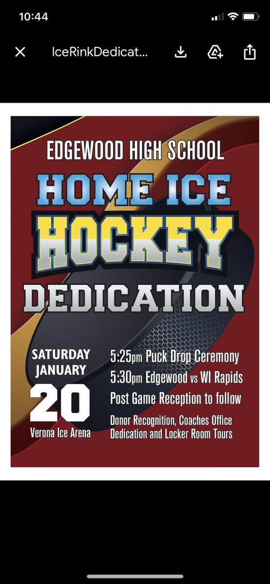 We are excited to announce our New Home Ice Hockey Dedication Game and Ceremony. Please join us on Saturday, January 20, 2024 at the Verona Ice Arena. Contact our Edgewood Athletic Office if you have any questions. Roll Wood!