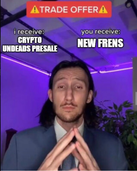 𝐓𝗥𝗔𝗗𝗘 𝗢𝗙𝗙𝗘𝗥 / <a href="/dollarr/"></a> <a href="/cryptoundeads/">.</a> 

We're a small community on SOL, a derugged collection.

Full of potential upcoming frens for 𝗖𝗿𝘆𝗽𝘁𝗼 𝗨𝗻𝗱𝗲𝗮𝗱𝘀.

Lets make this happen!