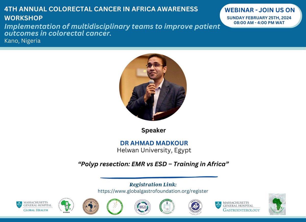 #colorectalcancer in Africa workshop @ahmad_madkour will discuss endoscopic mucosal resection (EMR) and endoscopic submucosal dissection (ESD) training in Africa: how & where? 🗓️ Feb 25th - March 1st, 2024 🔊Registration: globalgastrofoundation.org 📍 Kano, Nigeria #GITwitter