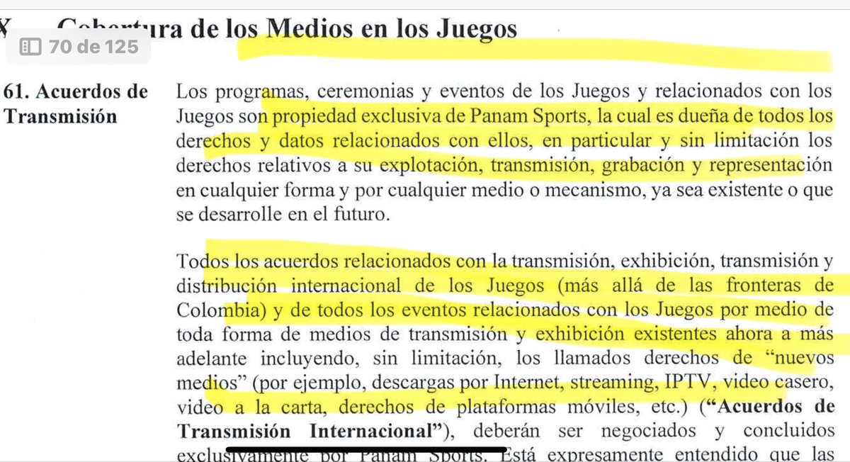 alejoocampog's tweet photo. Atención: los Panamericanos huelen mal parte 2.
Tumbis 1. Firmaron un contrato donde los colombianos “pagamos” 58 MiLLONES DE DÓLARES por los derechos de transmisión de los juegos, por la venta de los patrocinios publicitarios como ustedes pueden ver en las copias del contrato.
Pero, el mismo contrato se establece que PANAM Sports es la única dueña de la transmisión y se reserva el derecho de explotación; es decir, no compraron nada, o pagaron 80 mil millones de pesos para pasarlo 2 canale ¿Estupidez o negociado?

Segundo tumbis: pagamos 18 MILLONES DE DÓLARES por el derecho a los patrocinios y en el contrato consta que a Colombia solo le dan tres patrocinios de 8  y por si fuera poco, Panam Sports se queda con todos los patrocinadores TOP y los que ellos consideren.
O sea no compraron nada, se comprometieron a pagar $70 mil millones de los colombianos por nada, solo por tres vallas.

3. Tumbis: fuera de comprometerse a pagar 20 MILLONES DE DÓLARES por el derecho de transmisión de los juegos, se comprometieron a pagar otros 20 MILLONES DE DÓLARES para que PANAM Sports contrate una empresa para que trasmita los juegos, si como lo leen, pagamos los derechos de transmisión que no puede explotar el país, pero además, les pagamos como $100 mil millones para que contraten una empresa y ellos vendan la transmisión que querían pagar con nuestros impuestos.

Pero esto no lo hacen de estúpidos, me dijeron personas muy, muy, pero muy cercanas a la organización; que luego esas empresas que se van a gastar, esos más de $220.000 Millones serán de algunos amigos y recomendados de políticos colombianos.
¿Ya ven ustedes por dónde entra el
Agua al coco?
Los Char, Pumarejo, el presidente del COC y el ex ministro Herrera va a tener mucho que explicar en la @FiscaliaCol @PGN_COL y @CGR_Colombia porque los voy a denunciar. El gol que nos iban a meter en Barranquilla parece que es monumental #AsumirEs #LosPanamericanosHuelenMal
