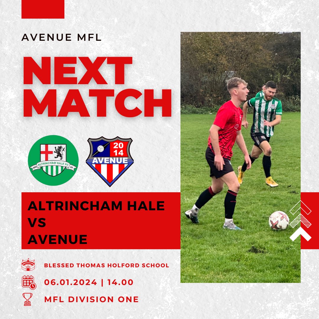 UP NEXT | Avenue take on @AltrinchamHale in their first game of 2024. The lads will be eager to take 3 points as the second half of @THEMCRFL the season gets underway. 🔴⚫️🔵 #AvenueFC #OneClub #UpTheAve