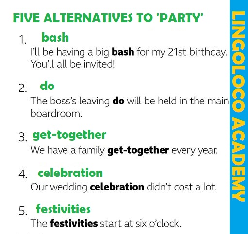 LingoLoco_PH's tweet image. 🎉 💃 🕺 Are you having a party this weekend? Enjoy your bash if you are! Here are 5 alternatives to the word &apos;party&apos; to help you celebrate. 
(❗️ Note: these are not exact synonyms. Pay attention to the context!)
#LINGOLOCOACADEMY #ESL #LearnEnglish #ESLTeacher