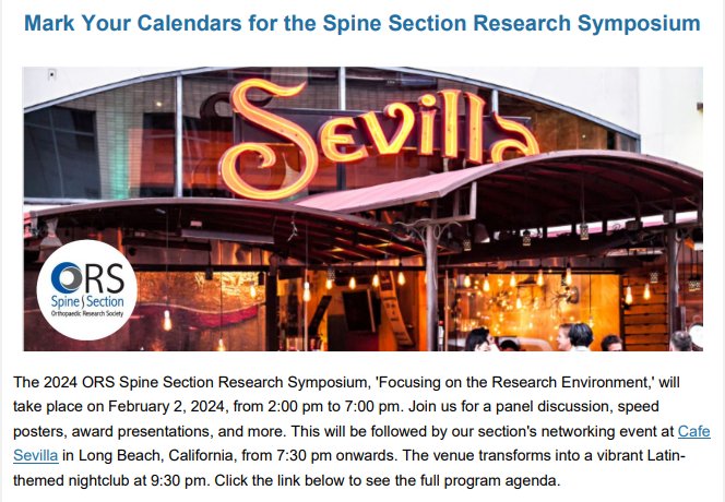 Save the date and check out the program put together by the ORS Spine Section for the ORS Spine Section Research Symposium 'Focusing on the Research Environment,' at @ORSsociety Annual Meeting 2024, on February 2, 2024, from 2:00 pm to 7:00 pm, followed by our networking event.
