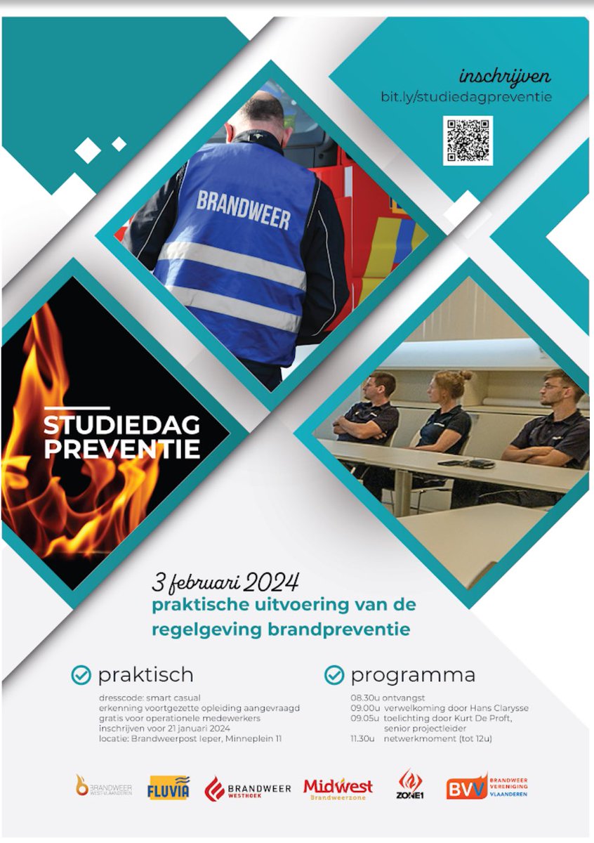 Brandweer West-Vlaanderen (BWV) organiseert studiedag preventie op 3 februari 2024 te Ieper voor preventionisten.

Inschrijven tot 21/01/2024

Dit voor alle Vlaamse brandweer zones.
Er wordt eerst voorkeur gegeven aan leden van de 4 west Vlaamse zones.